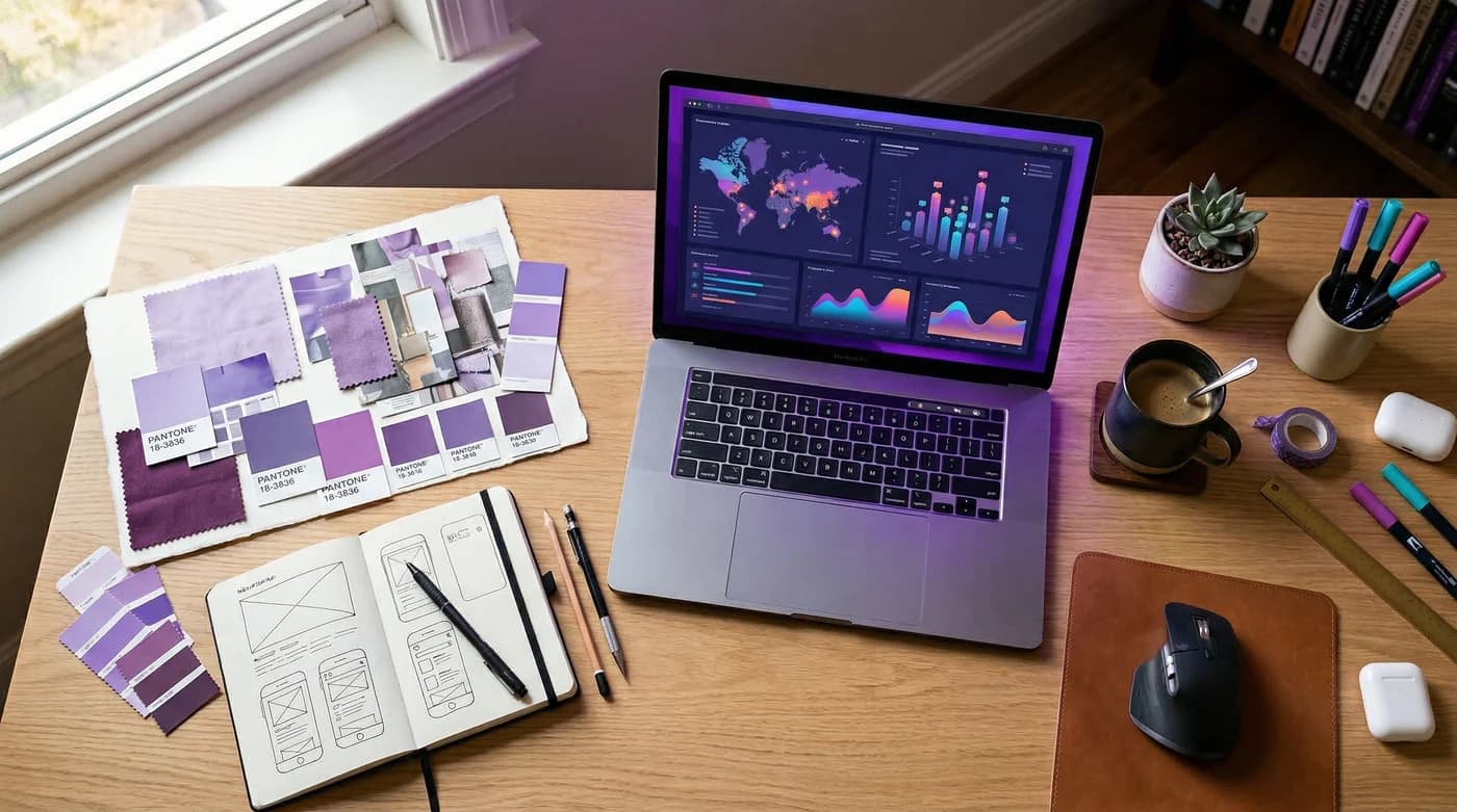 Creative workspace with purple-toned design elements